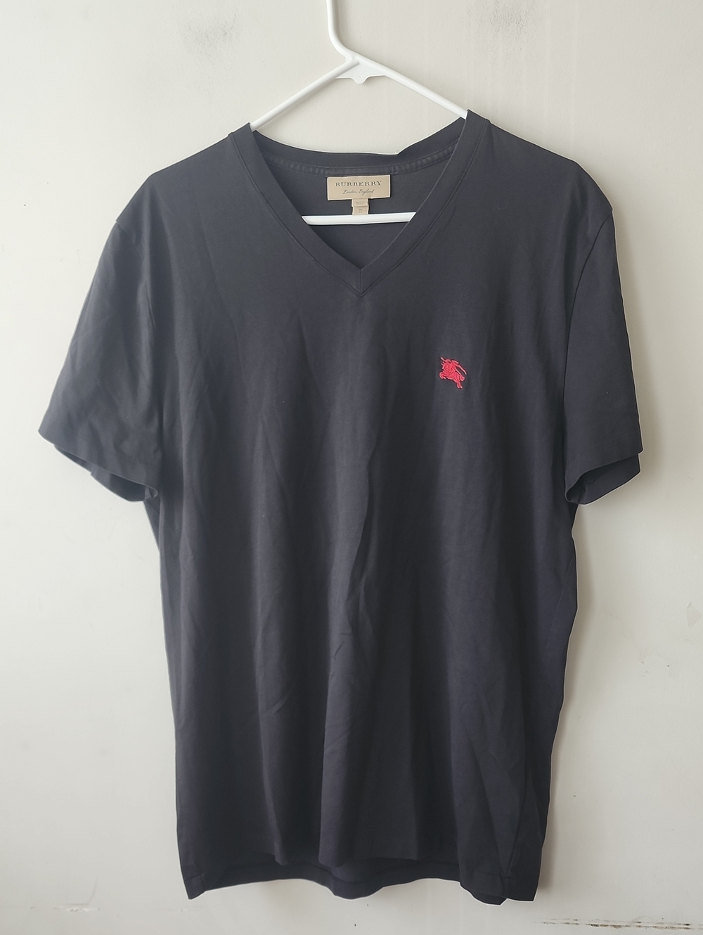 Burberry Black V-Neck Men's Tee with Pink Logo